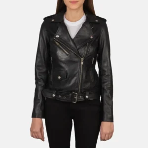 Alison Black Leather Jacket with Zipper Details and Motorcycle Design