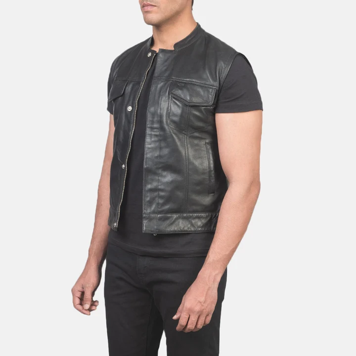 Men's Atlas Black Leather Motorcycle Vest