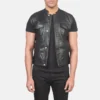 Black Leather Moto Vest with Rugged Design