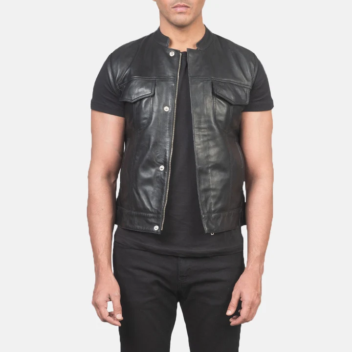 Black Leather Moto Vest with Rugged Design