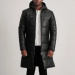 Black Hooded Leather Puffer Coat