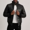Men's Black Leather Puffer Bomber Jacket