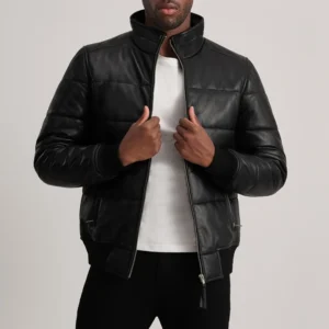 Men's Black Leather Puffer Bomber Jacket