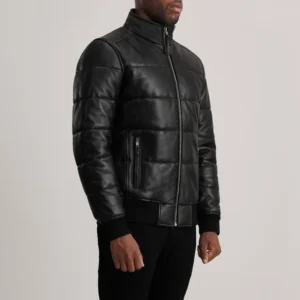 Stylish Black Leather Puffer Bomber Jacket for Men
