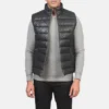 Men's Black Leather Puffer Vest for Winter Wear