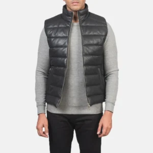 Men's Black Leather Puffer Vest for Winter Wear