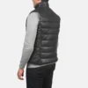 Men's Black Leather Sleeveless Puffer Jacket