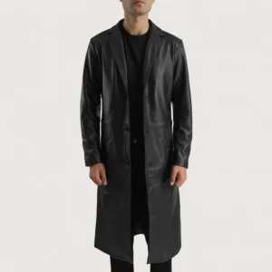 Men's Black Leather Single Breasted Coat