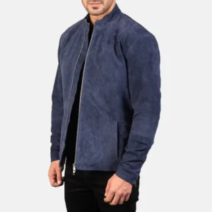 Stylish Navy Blue Suede Biker Jacket