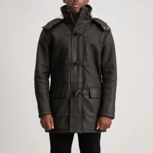 Men's Brown Leather Duffle Coat for Winter Wear