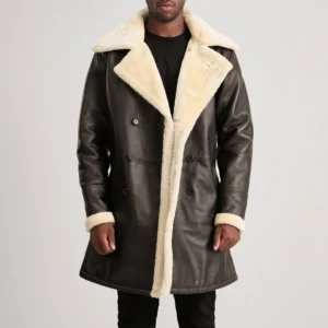 Men's Brown Leather Shearling Double-Breasted Winter Coat