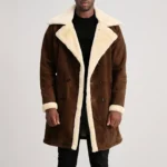 Brown Suede Leather Shearling Double-Breasted Coat