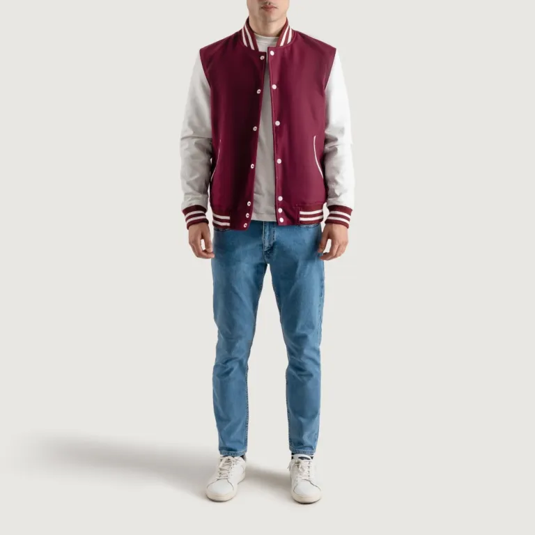 Burgundy and White Varsity Letterman Jacket Front View