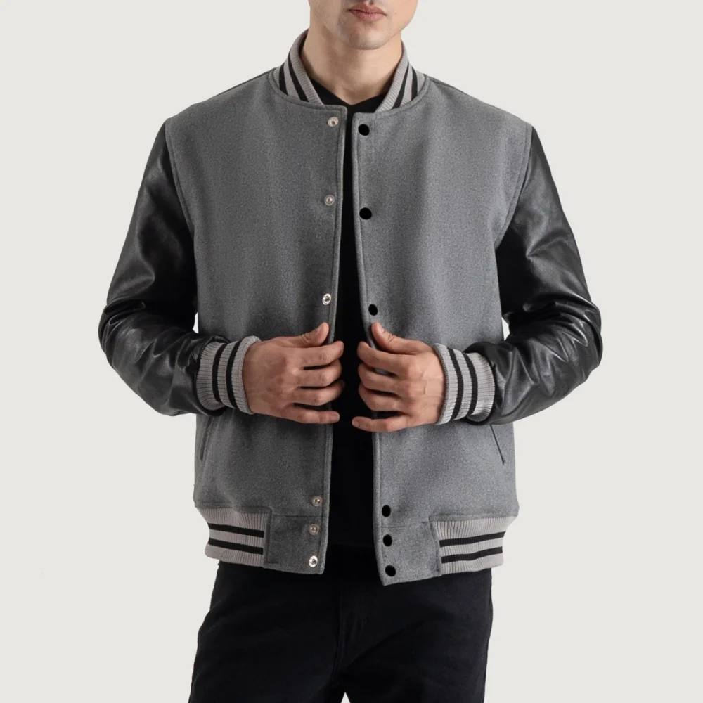 T.T VARSITY LETTERMAN グレー シルク100%サイズ38 Gray and Black Varsity Letterman Jacket | Celebrity Outfitters