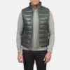 Men's Green Leather Puffer Vest for Winter Layering
