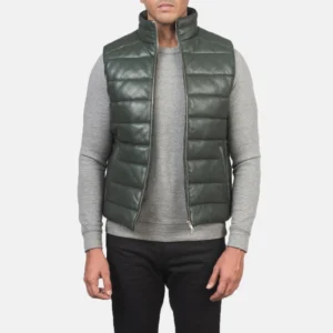 Men's Green Leather Puffer Vest for Winter Layering