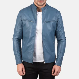 Men's Blue Leather Motorcycle Biker Jacket