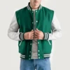 Green and White Varsity Letterman Jacket front view
