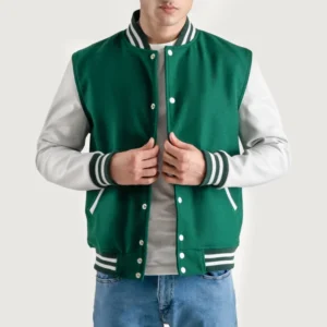Green and White Varsity Letterman Jacket front view