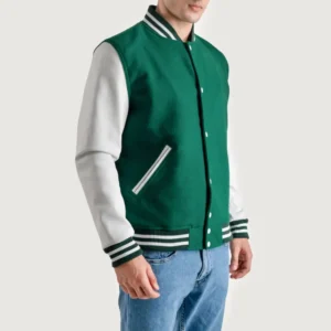 Green and White Letterman Jacket side view