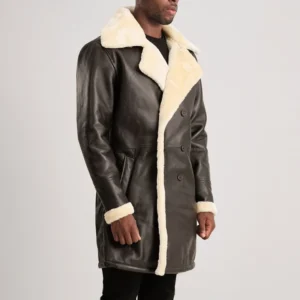 Double-Breasted Brown Leather Coat with Shearling