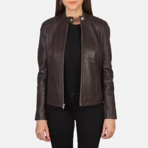 Women's Maroon Leather Biker Jacket with Refined Moto Detailing