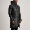 Men's Black Hooded Leather Puffer Coat for Winter