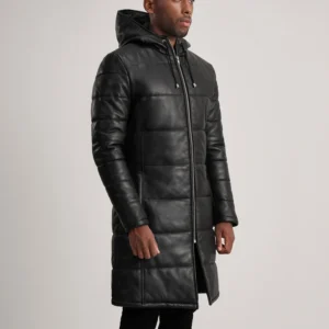 Men's Black Hooded Leather Puffer Coat for Winter