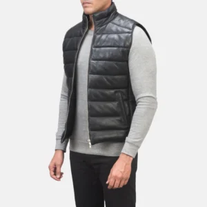 Men's Black Leather Padded Vest