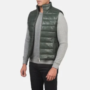 Men's Green Leather Quilted Vest