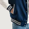 Navy Blue and White Letterman Jacket close-up view