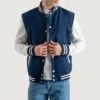 Navy Blue and White Varsity Letterman Jacket front view