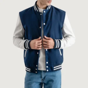 Navy Blue and White Varsity Letterman Jacket front view