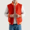 Orange and White Varsity Letterman Jacket front view