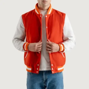 Orange and White Varsity Letterman Jacket front view