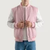 Pink and White Varsity Letterman Jacket front view