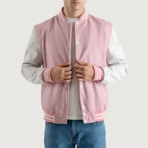 Pink and White Varsity Letterman Jacket front view