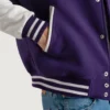 Purple and White Letterman Jacket close-up view