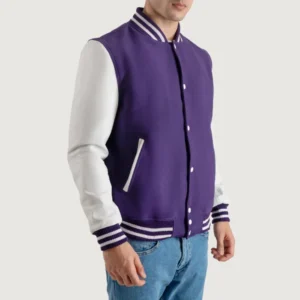 Purple and White Letterman Jacket side profile