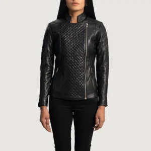 Women's Quilted Black Leather Biker Jacket with Stylish Moto Details