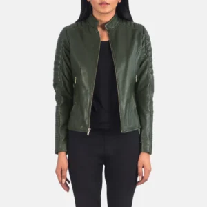 Quilted Green Leather Biker Jacket with Distinctive Moto Styling