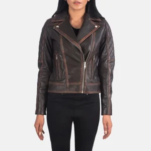 Classic Vintage Biker Jacket in Brown with Textured Quilted Design