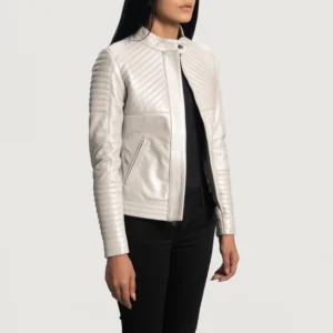 Women's Silver Quilted Leather Biker Jacket with Modern Moto Styling
