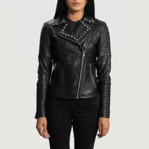 Studded Black Leather Biker Jacket with Bold Motorcycle Detailing