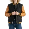 Black Wool Varsity Jacket with Gold Leather Sleeves for Women