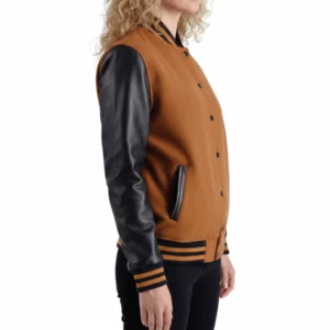 Women's Brown and Black Leather Letterman Jacket