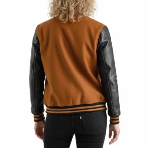 Women's Brown Wool and Black Leather Varsity Outerwear