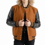 Women’s Brown Wool / Black Leather Varsity Jacket