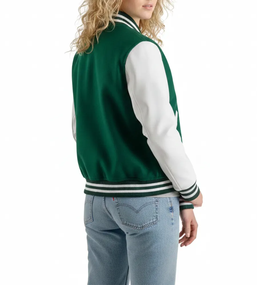 Women's Kelly Green Wool and White Leather Varsity Outerwear
