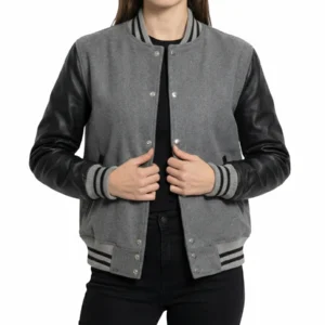 Grey and Black Varsity Letterman Jacket for Women
